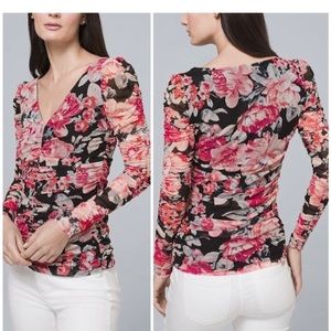 White House Black Market WHBM Sz M Pink Black Floral Print Ruched Blouse Top
